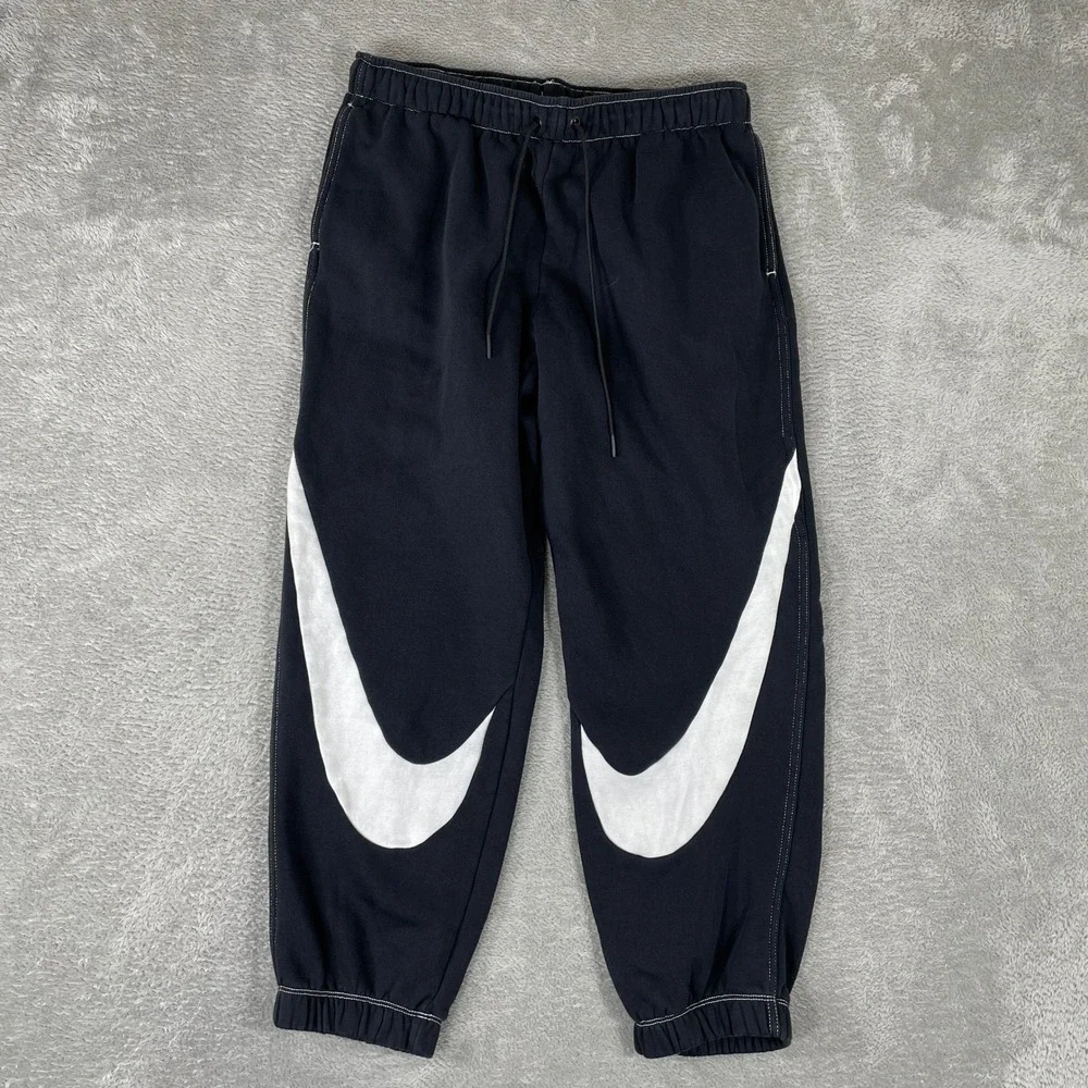 Nike Sportswear Swoosh Joggers Mens Medium Black Big Logo Fleece Sweatpants